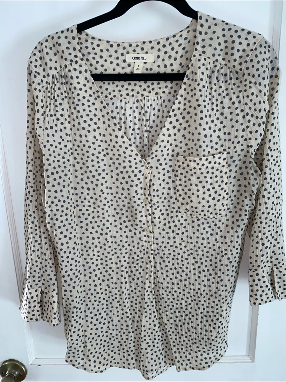 Como Blu Cream Polka Dot V-Neck Button Blouse Sz L - Picture 1 of 6
